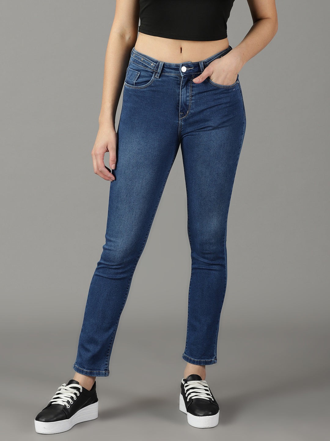 Women's Navy Blue Solid Regular Fit Denim Jeans