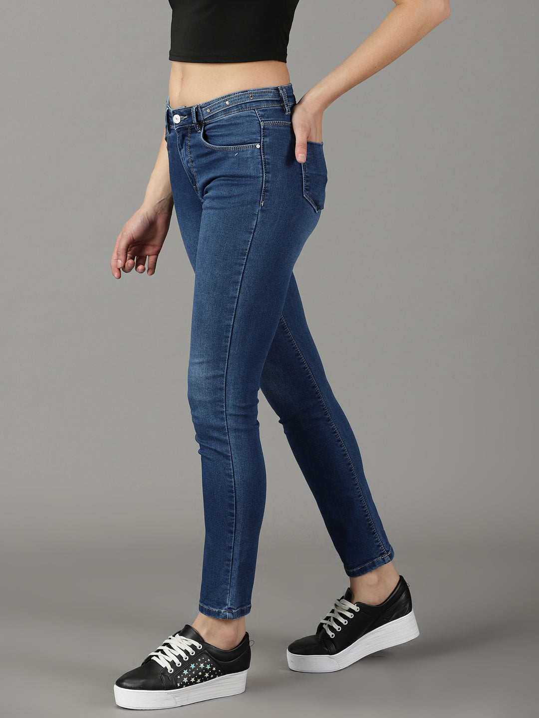 Women's Navy Blue Solid Regular Fit Denim Jeans