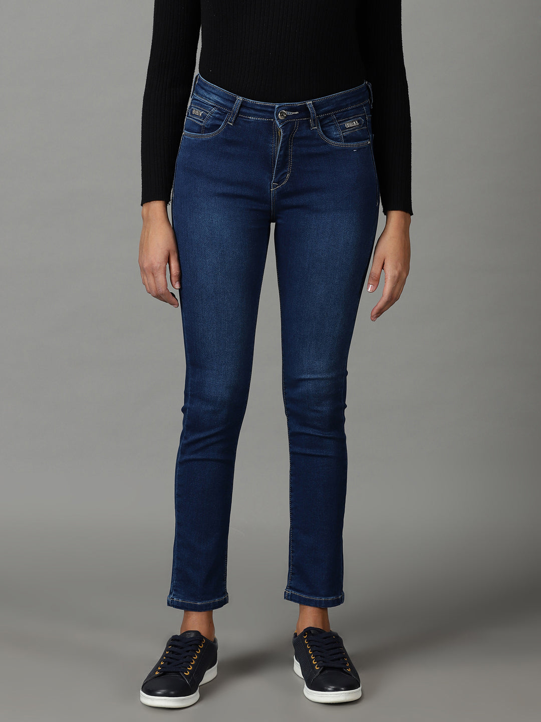 Women's Navy Blue Solid Slim Fit Denim Jeans