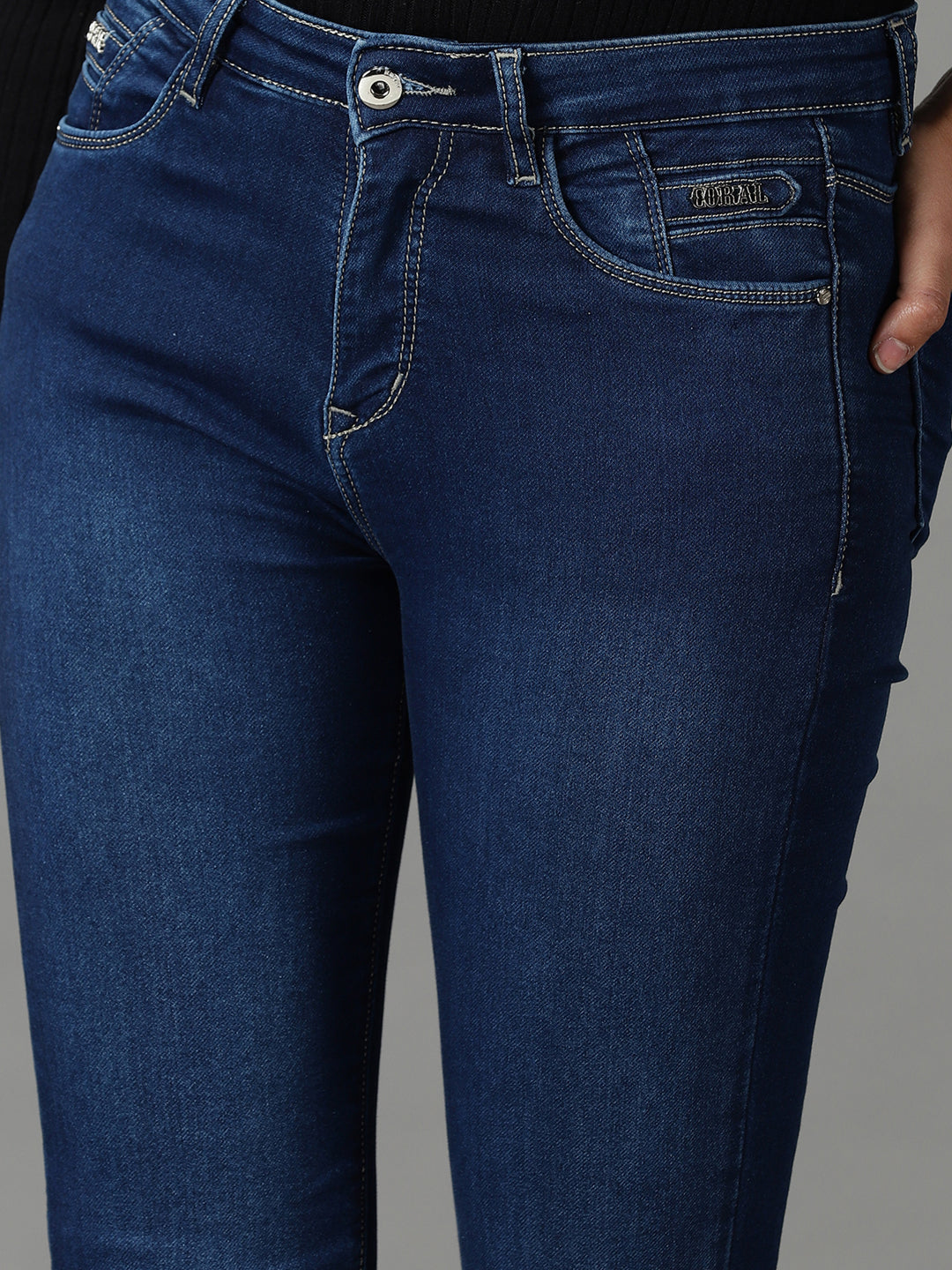 Women's Navy Blue Solid Slim Fit Denim Jeans