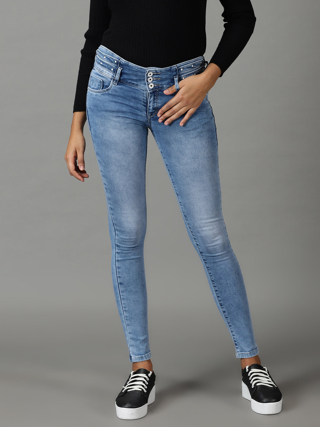 Women's Blue Solid Skinny Fit Denim Jeans