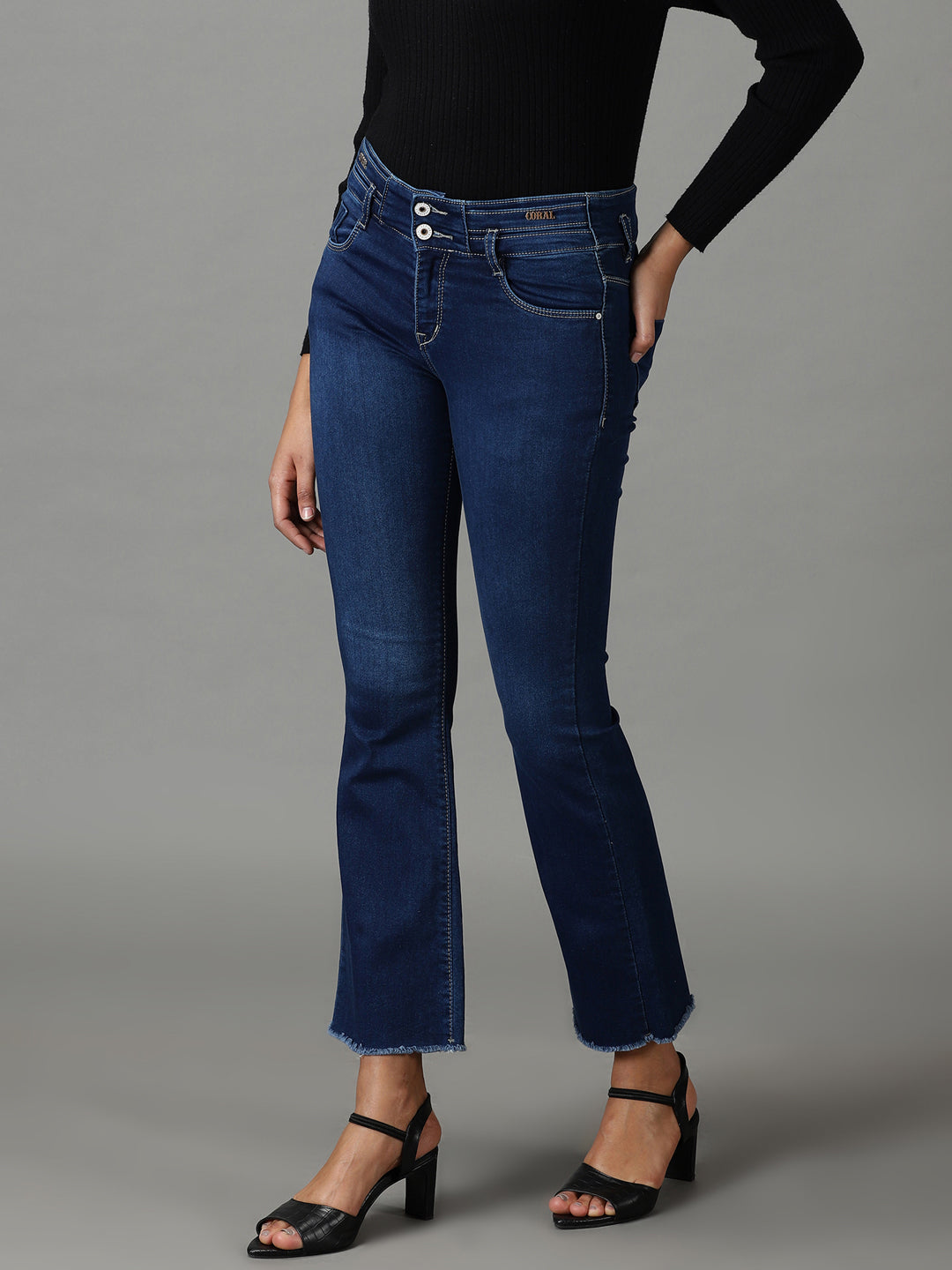 Women's Navy Blue Solid Bootcut Denim Jeans