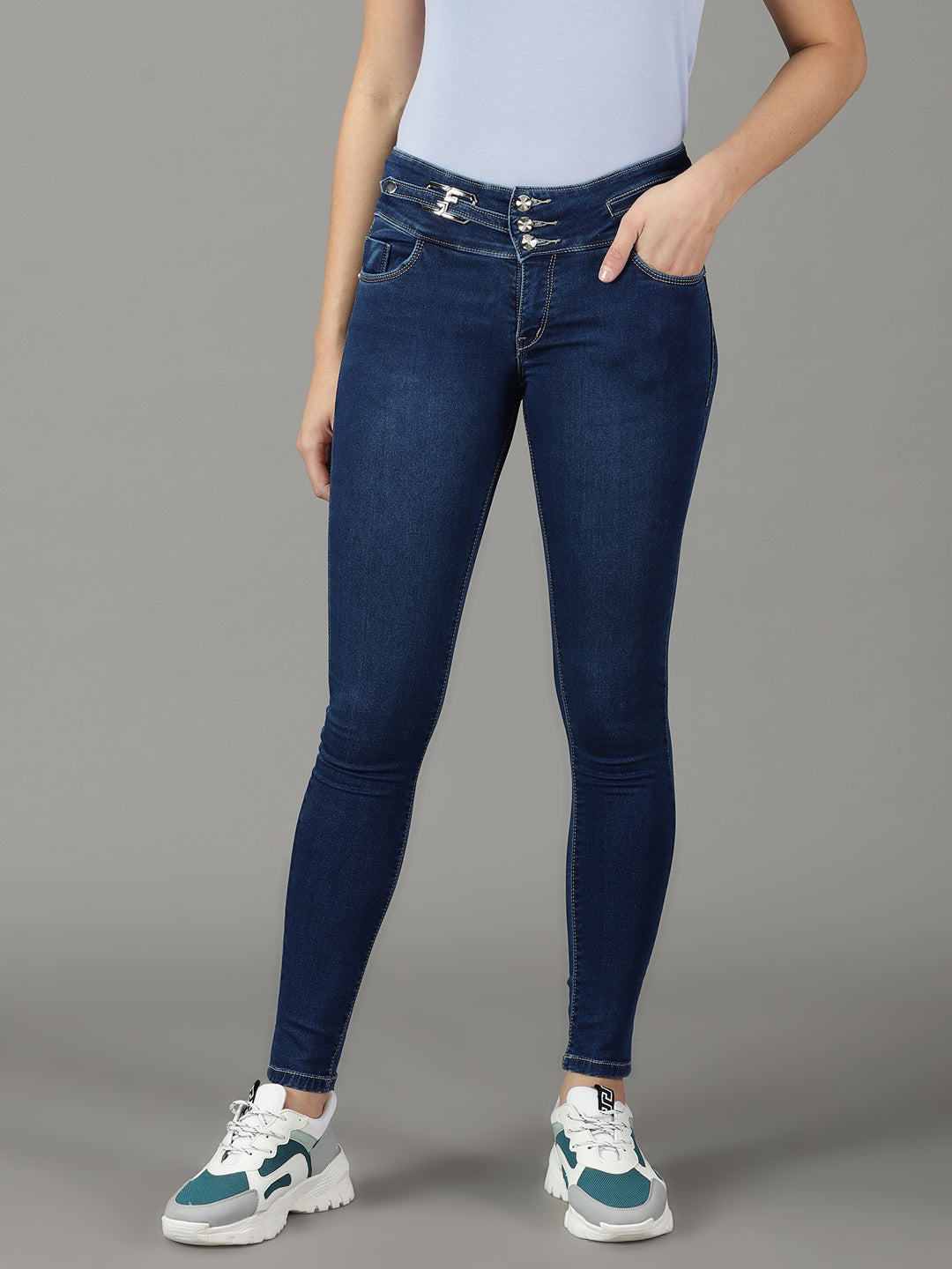 Women's Navy Blue Solid Skinny Fit Denim Jeans