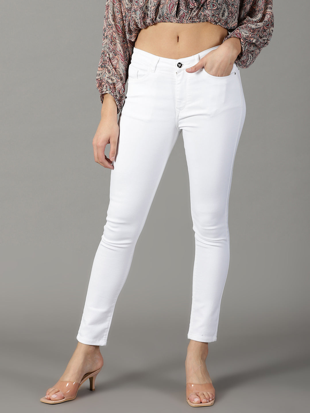 Women's White Solid Fit Denim Jeans