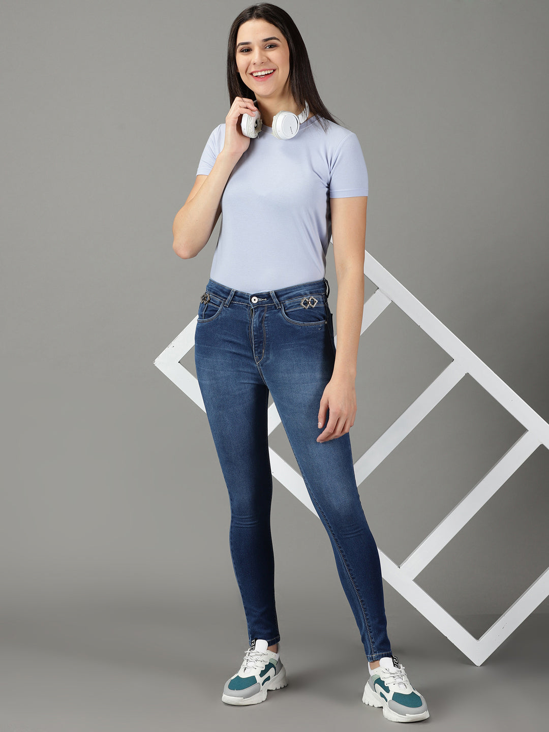 Women's Navy Blue Solid Slim Fit Denim Jeans