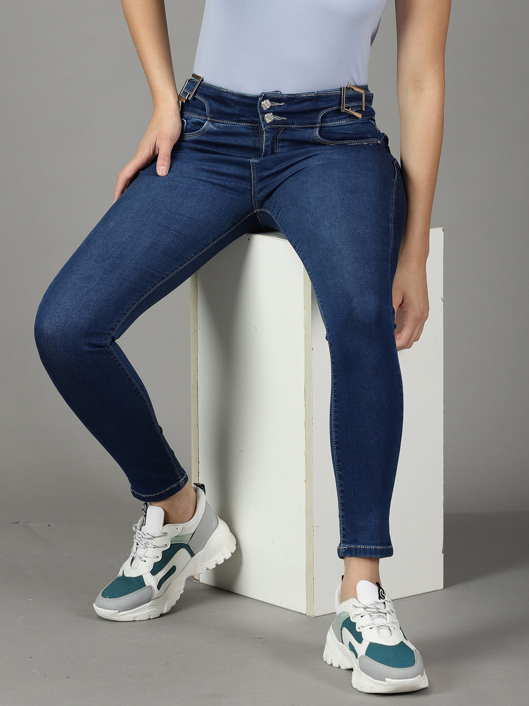 Women's Navy Blue Solid Slim Fit Denim Jeans