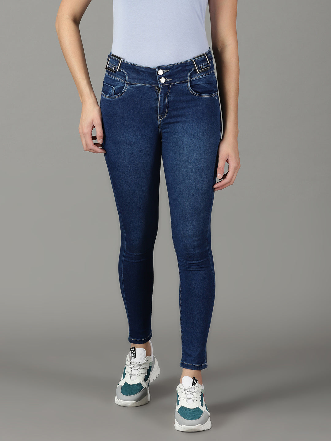 Women's Navy Blue Solid Slim Fit Denim Jeans