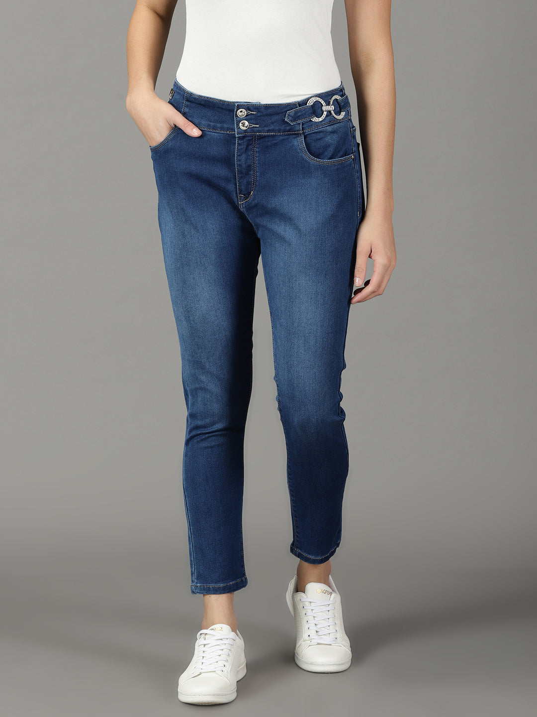 Women's Navy Blue Solid Slim Fit Denim Jeans