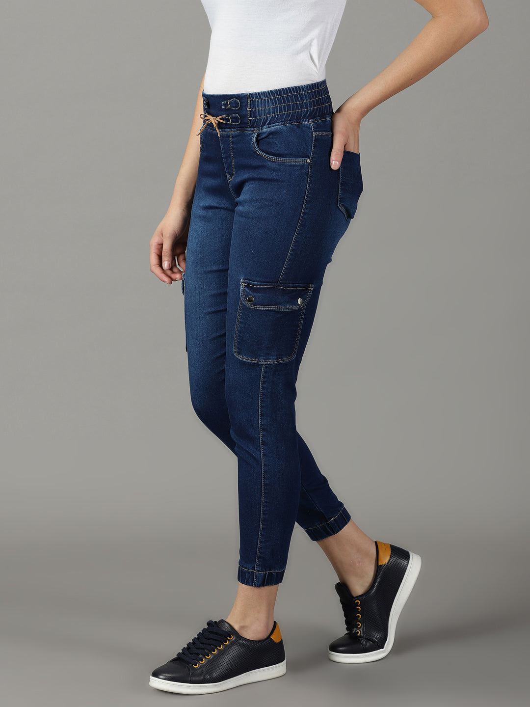 Women's Navy Blue Solid Jogger Denim Jeans