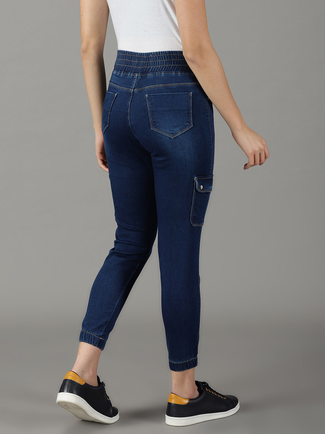 Women's Navy Blue Solid Jogger Denim Jeans