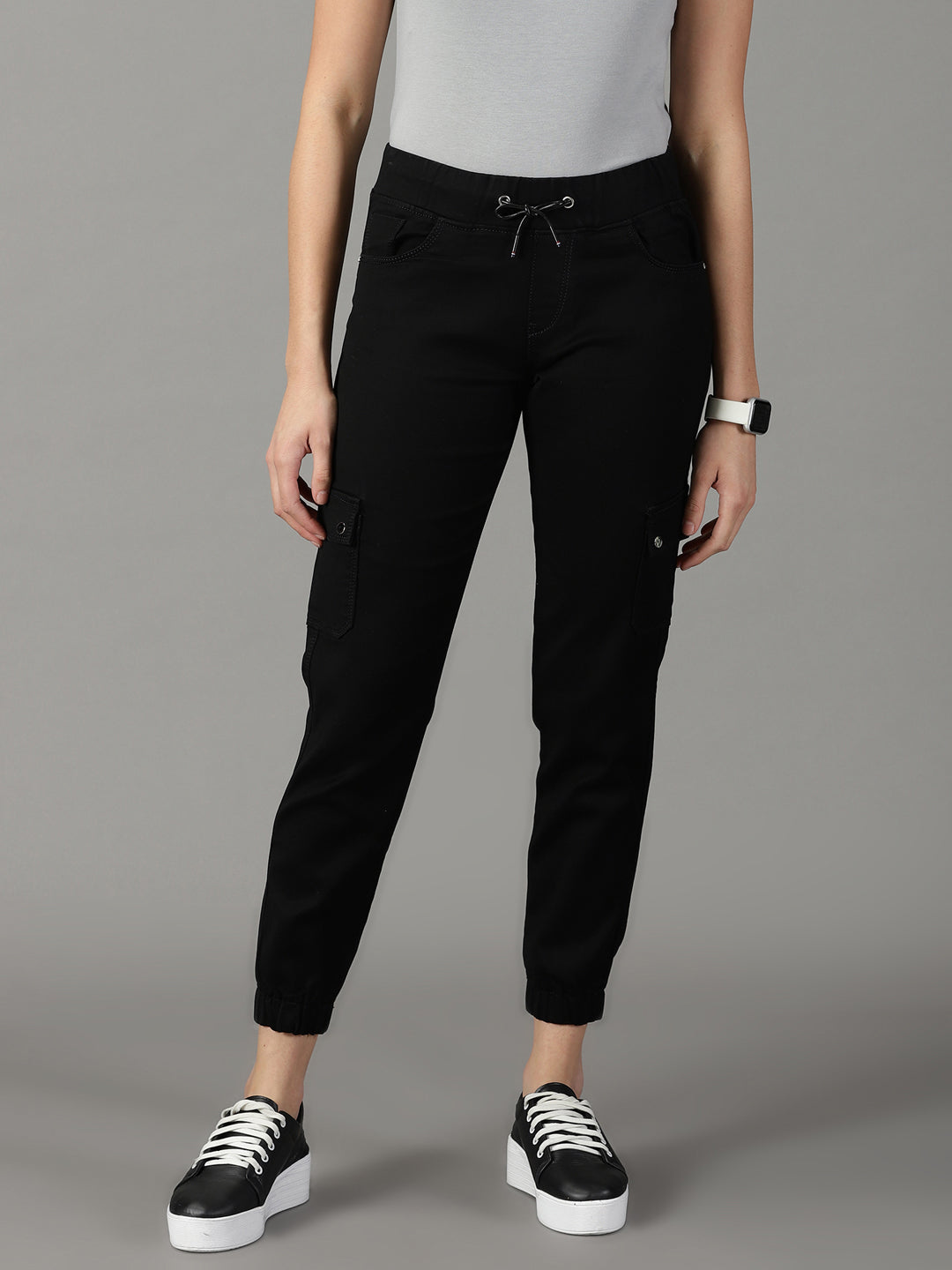 Women's Black Solid Jogger Denim Jeans