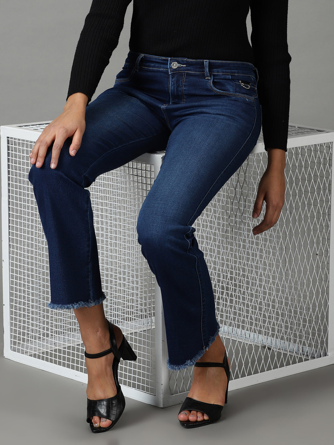 Women's Navy Blue Solid Bootcut Denim Jeans