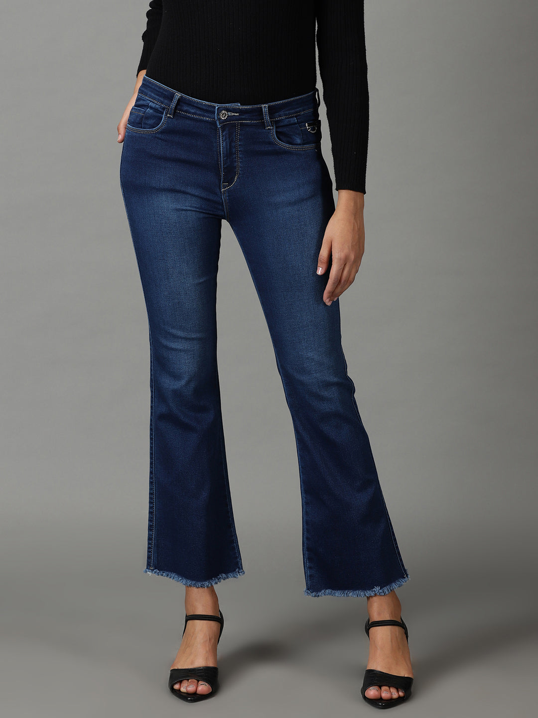 Women's Navy Blue Solid Bootcut Denim Jeans