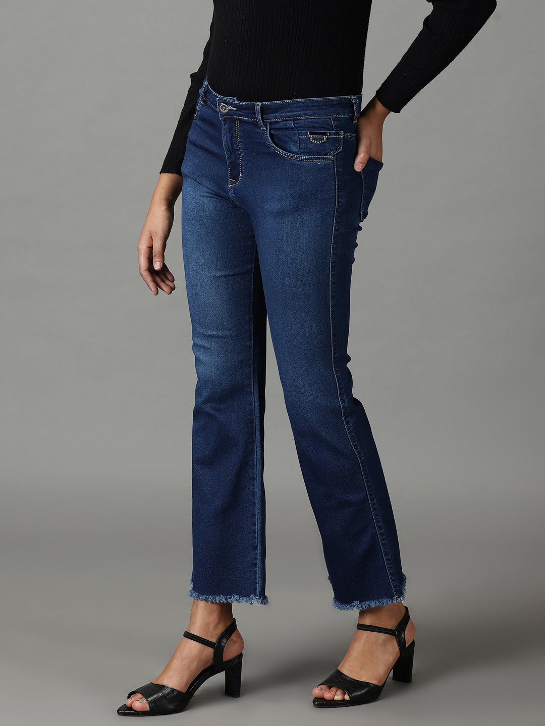 Women's Navy Blue Solid Bootcut Denim Jeans