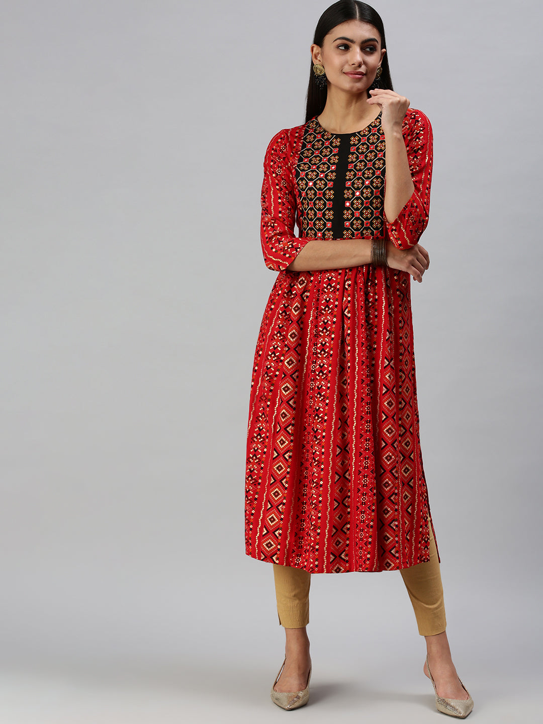 Women's Red Printed Straight Kurta