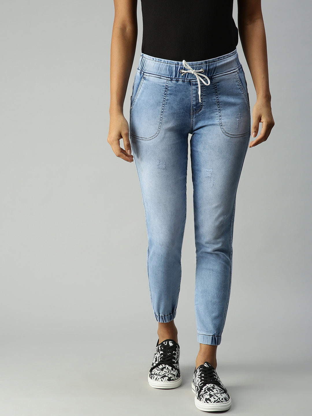 Women's Blue Solid Jogger Denim Jeans