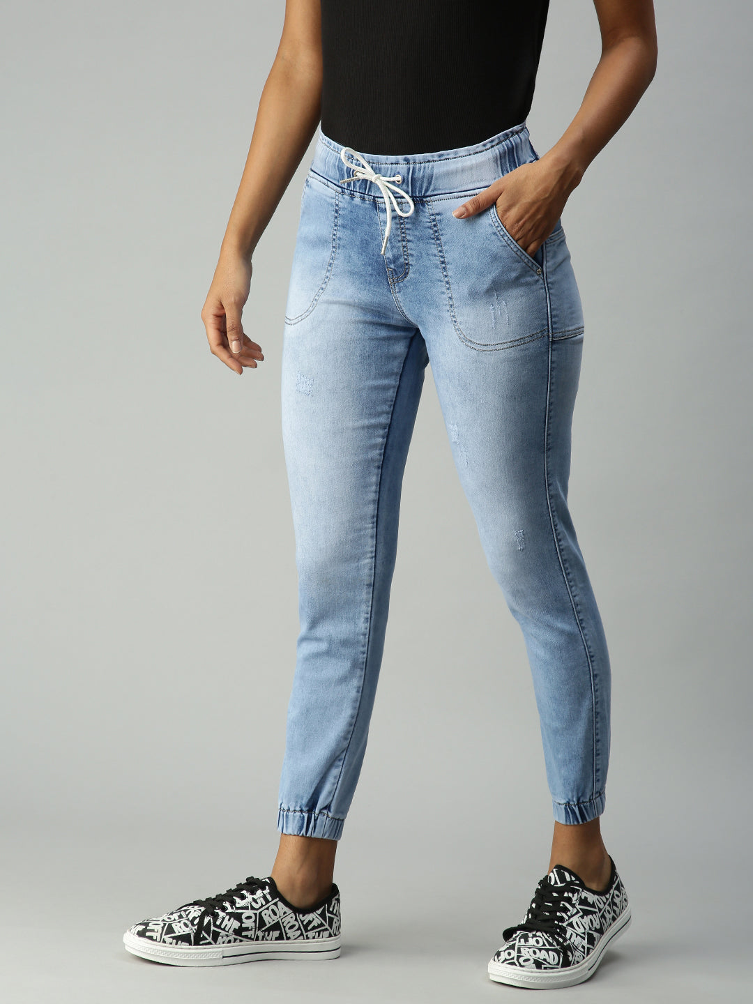 Women's Blue Solid Jogger Denim Jeans