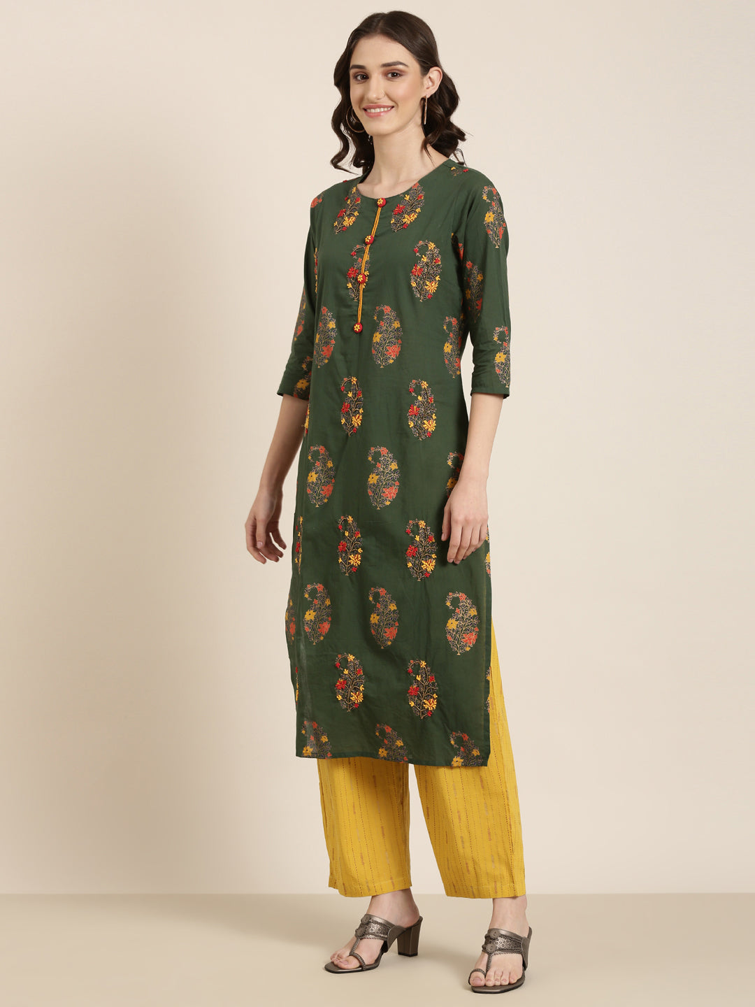 Women Green Floral Kurta Set