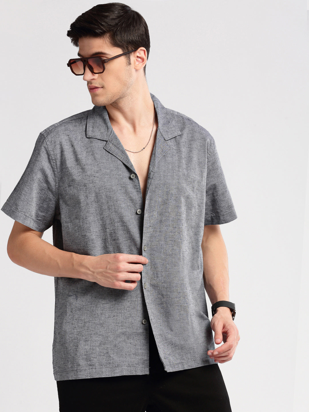 Men's Cuban Collar Solid Grey Casual Shirt