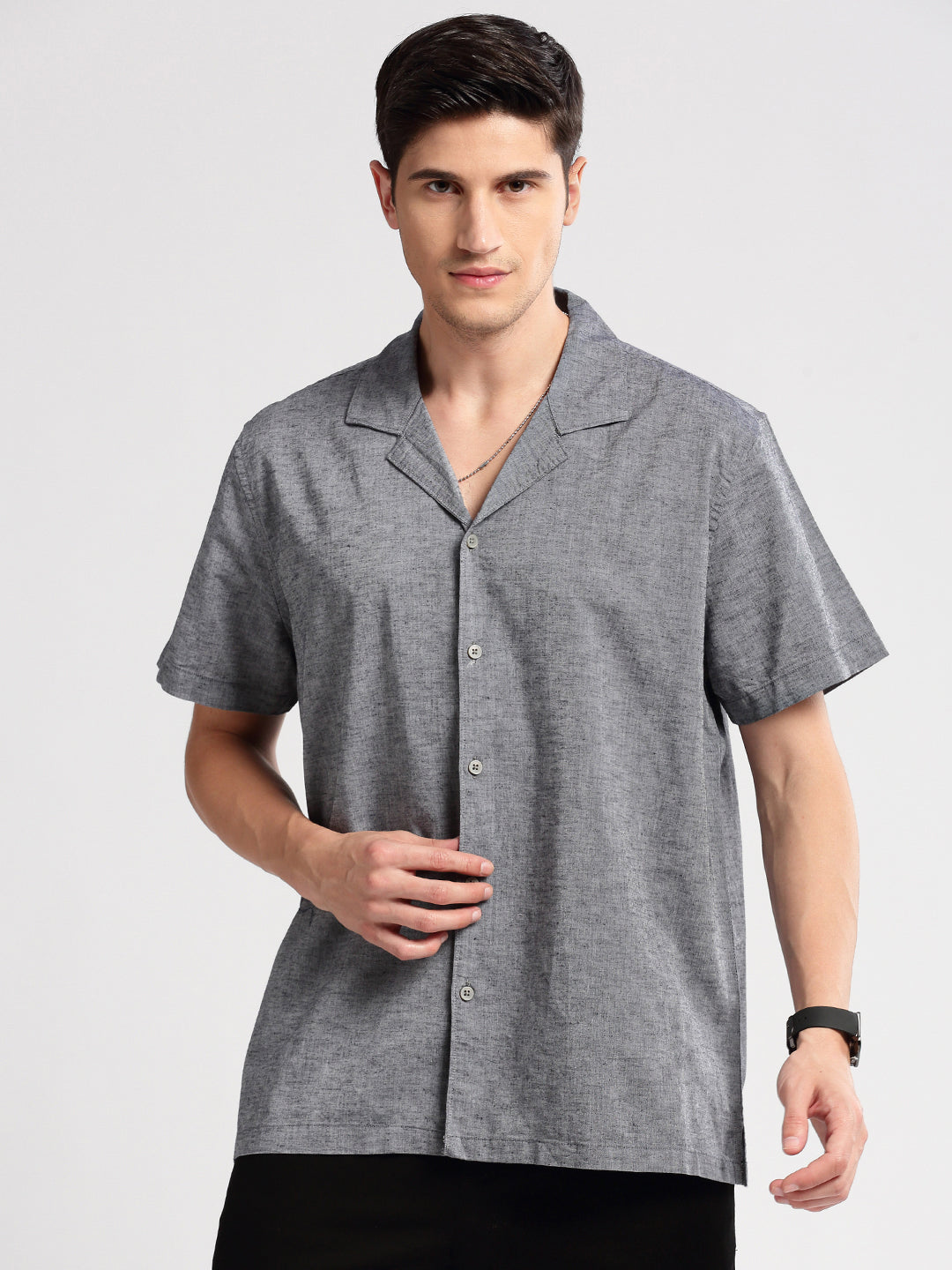 Men's Cuban Collar Solid Grey Casual Shirt