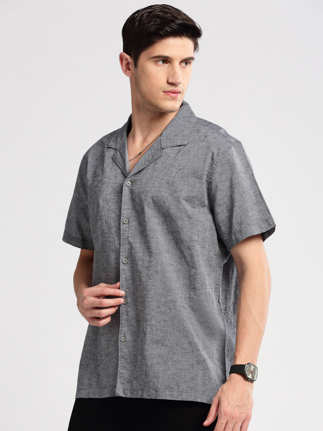 Men's Cuban Collar Solid Grey Casual Shirt