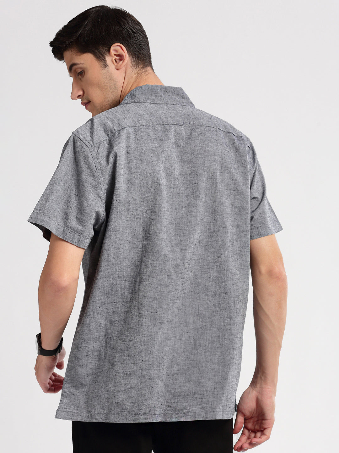 Men's Cuban Collar Solid Grey Casual Shirt
