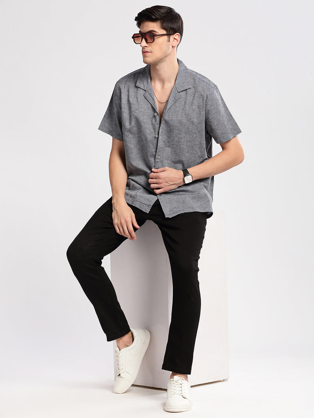 Men's Cuban Collar Solid Grey Casual Shirt