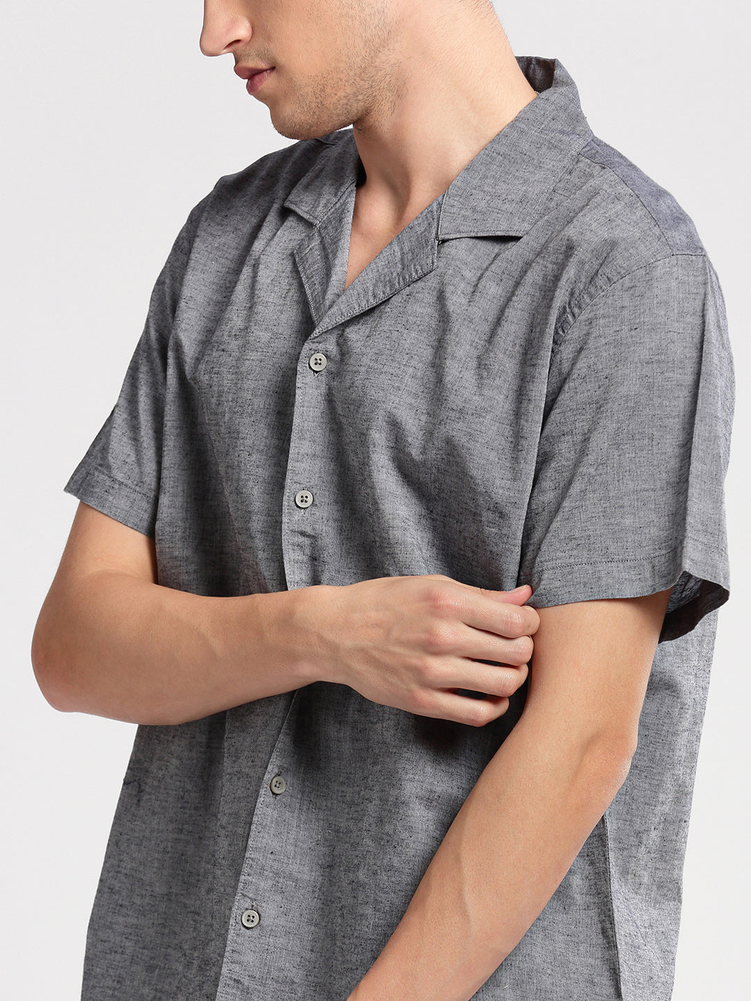 Men's Cuban Collar Solid Grey Casual Shirt