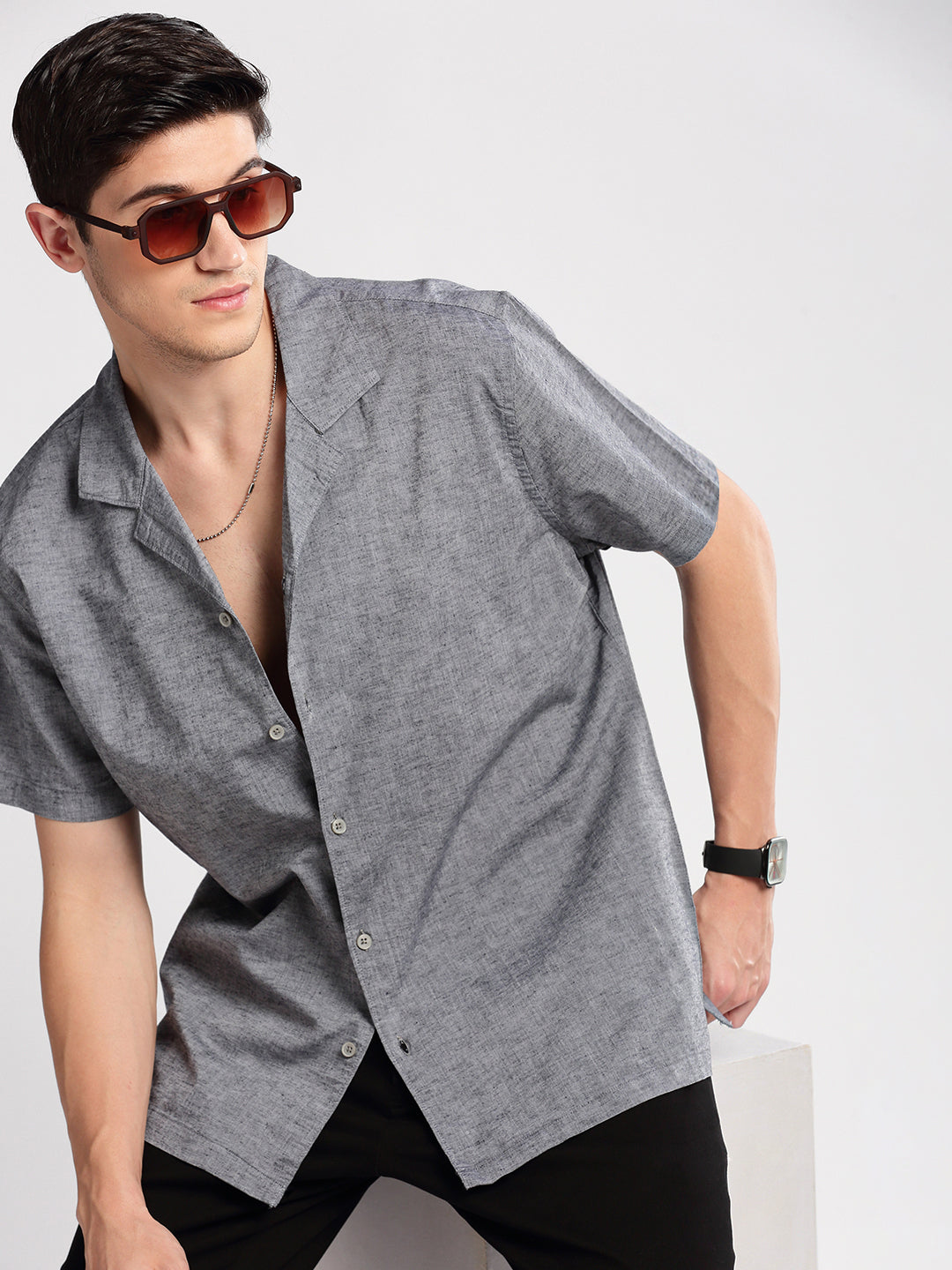 Men's Cuban Collar Solid Grey Casual Shirt