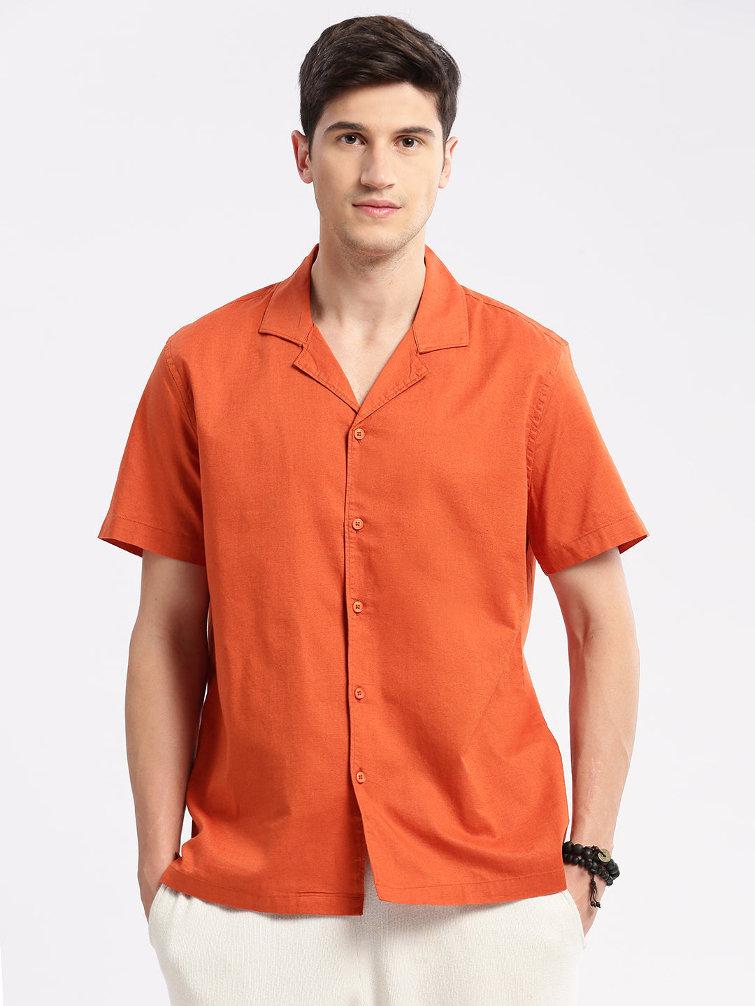 Men's Cuban Collar Solid Orange Casual Shirt