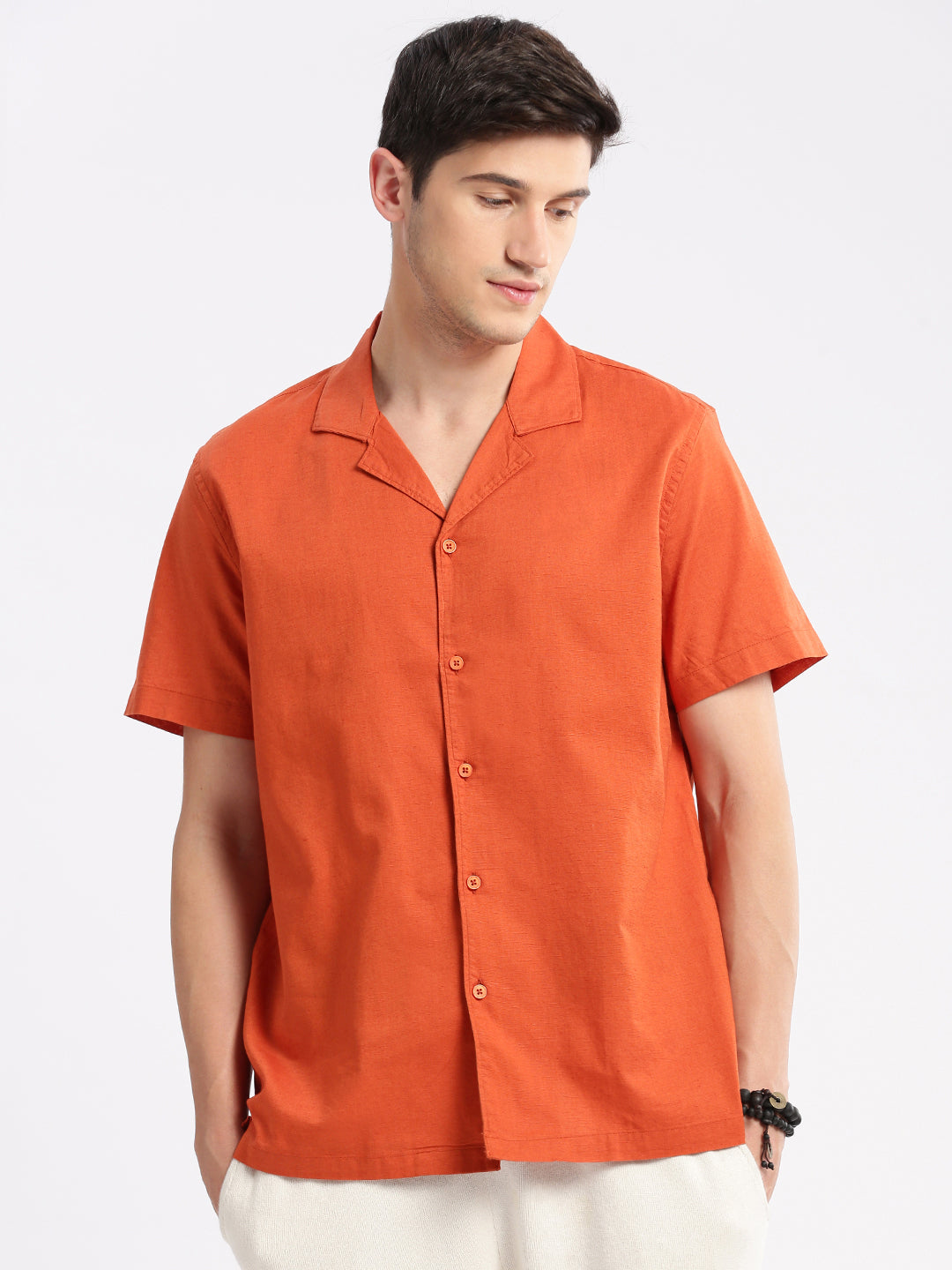 Men's Cuban Collar Solid Orange Casual Shirt