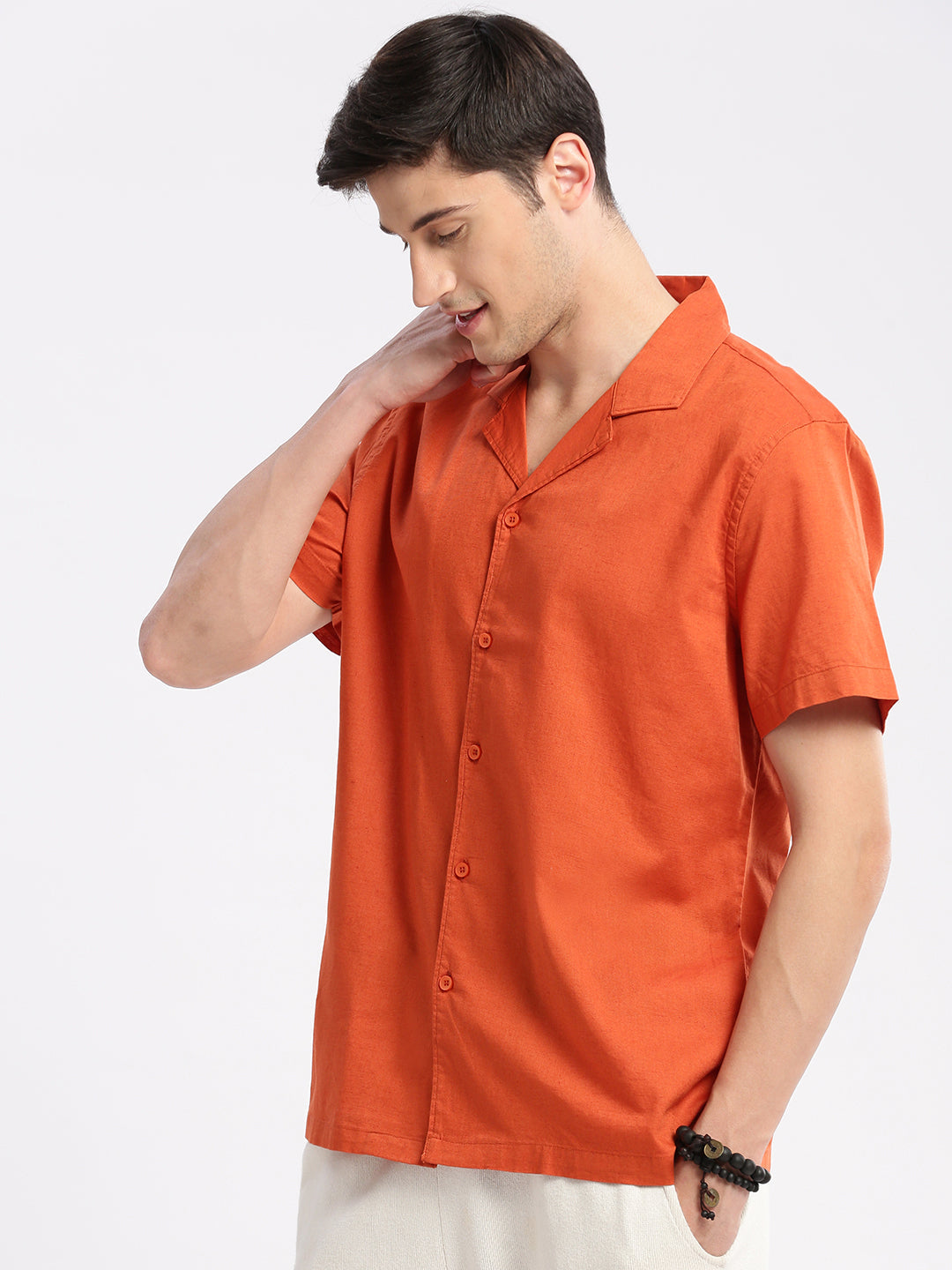 Men's Cuban Collar Solid Orange Casual Shirt