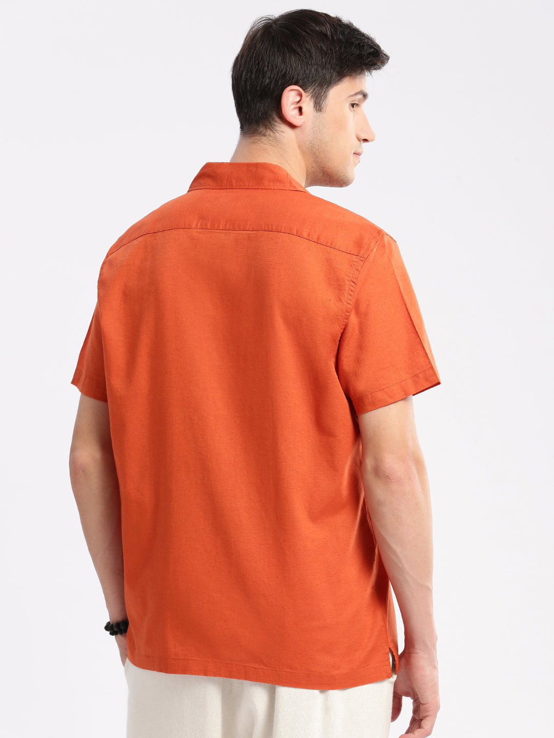 Men's Cuban Collar Solid Orange Casual Shirt