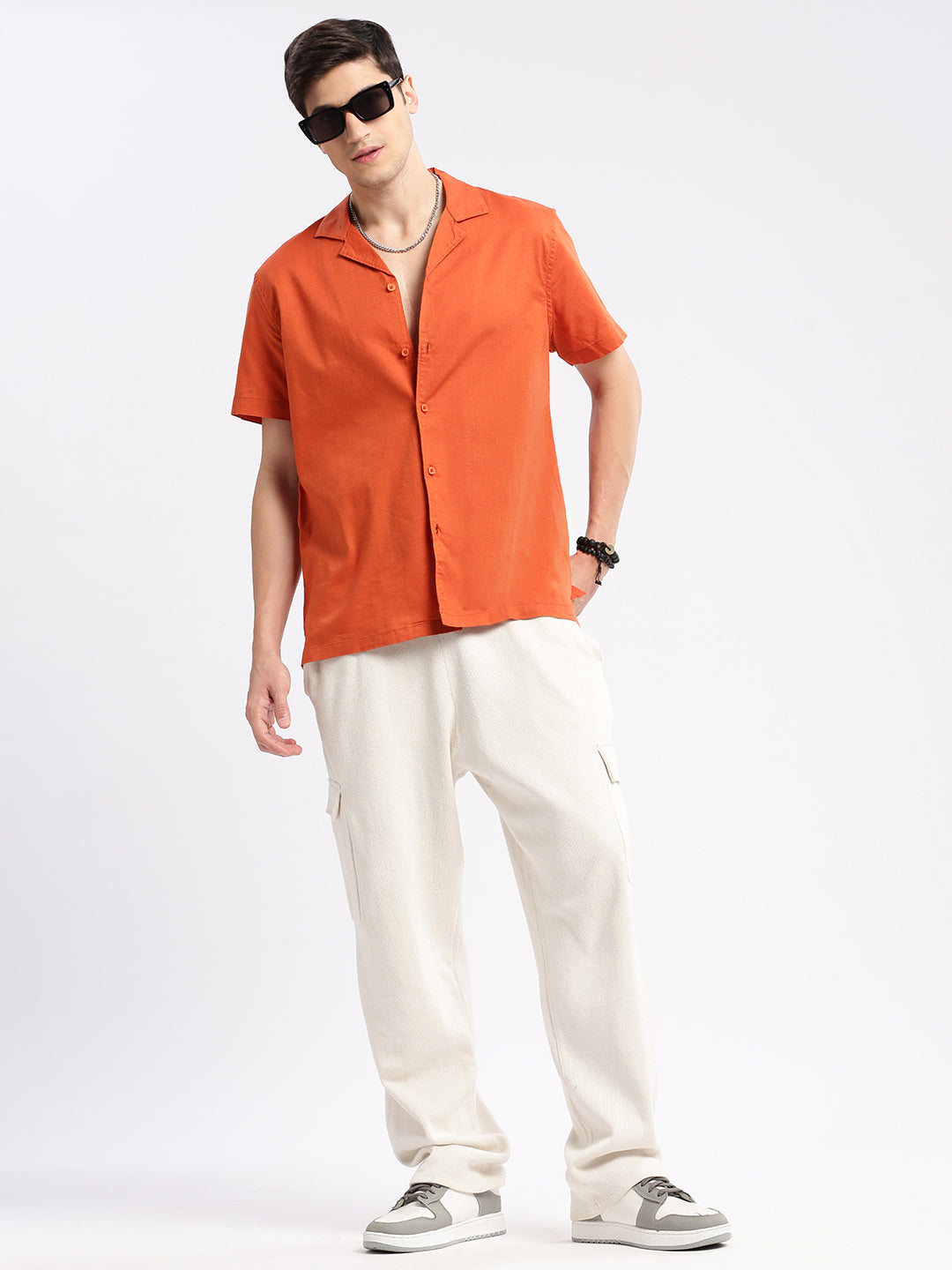 Men's Cuban Collar Solid Orange Casual Shirt