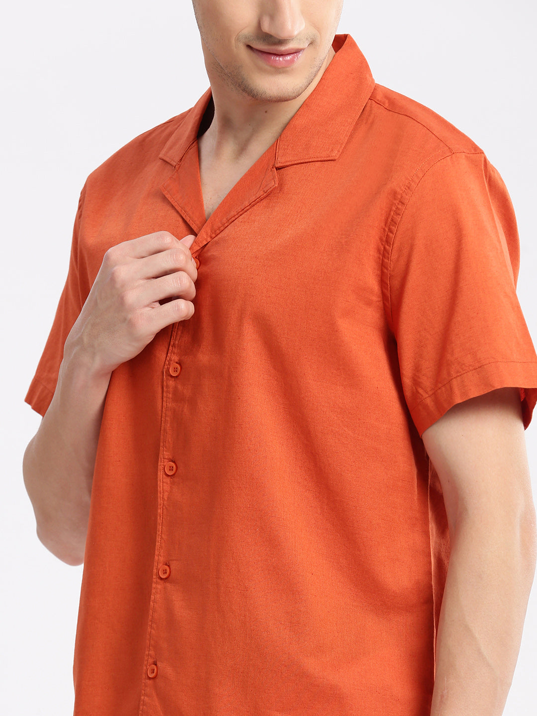 Men's Cuban Collar Solid Orange Casual Shirt