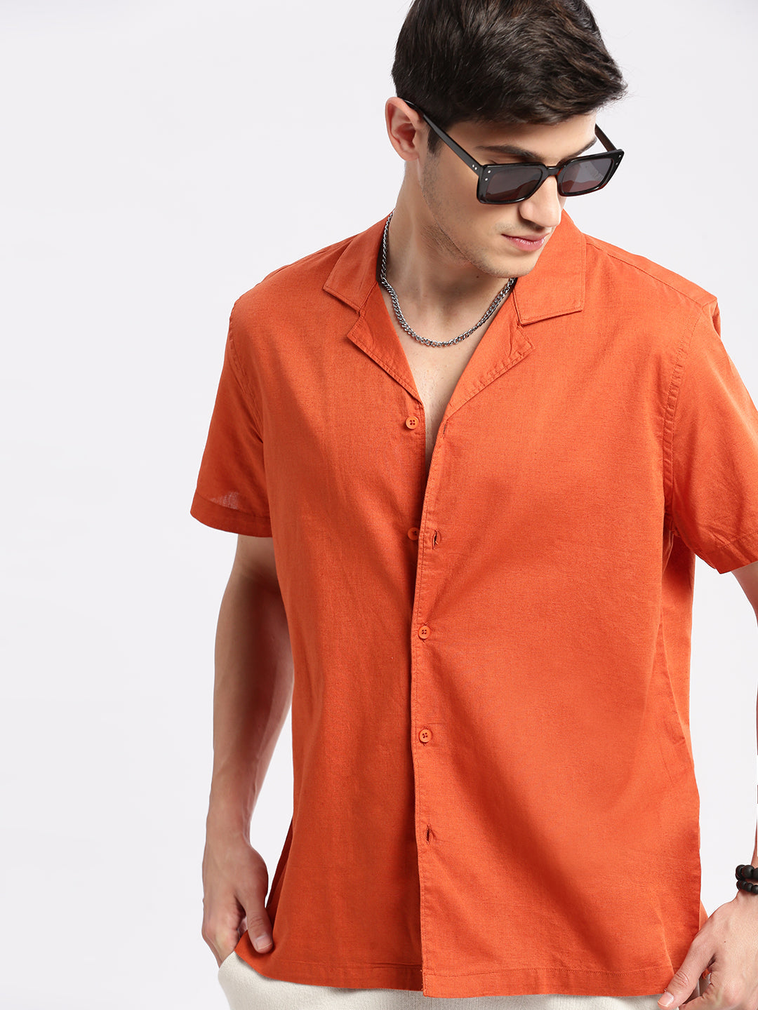 Men's Cuban Collar Solid Orange Casual Shirt