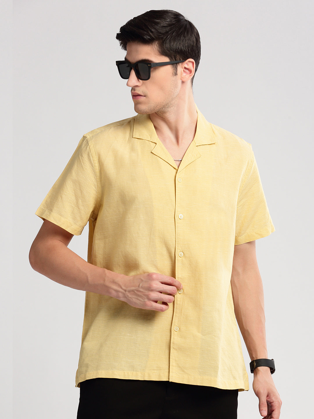 Men's Cuban Collar Horizontal Stripes Yellow Casual Shirt