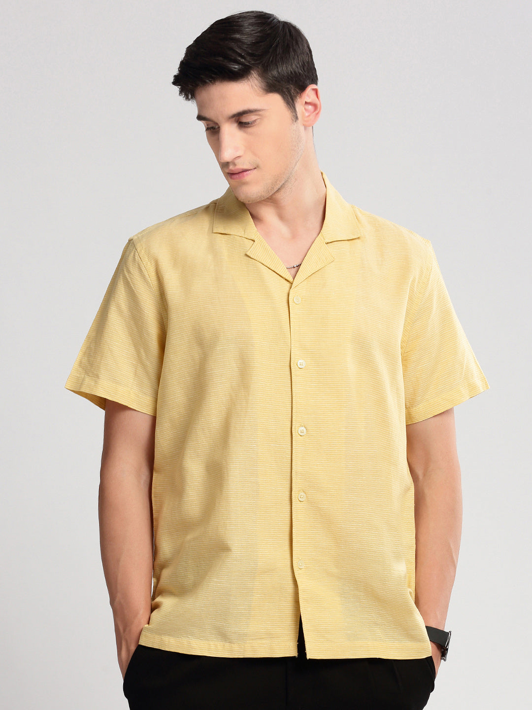 Men's Cuban Collar Horizontal Stripes Yellow Casual Shirt