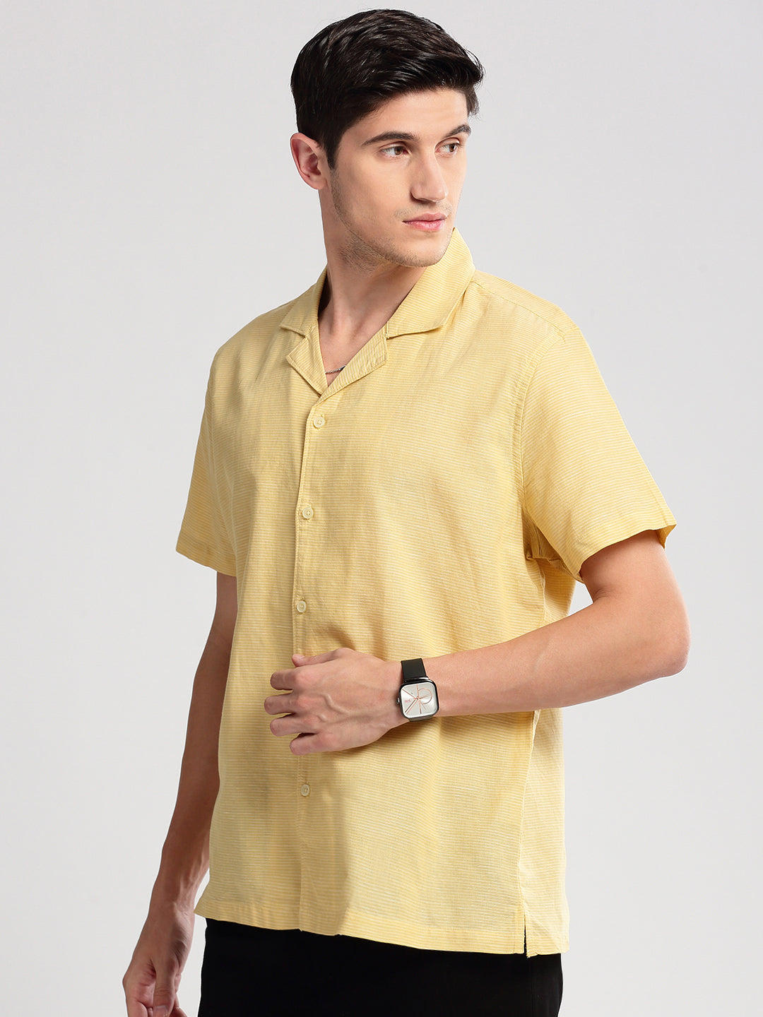 Men's Cuban Collar Horizontal Stripes Yellow Casual Shirt