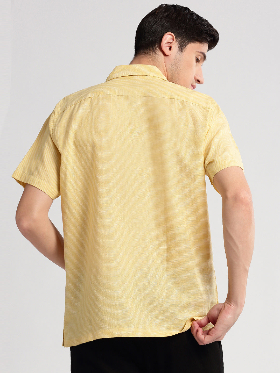 Men's Cuban Collar Horizontal Stripes Yellow Casual Shirt