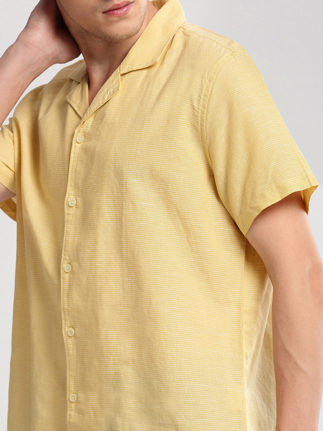 Men's Cuban Collar Horizontal Stripes Yellow Casual Shirt