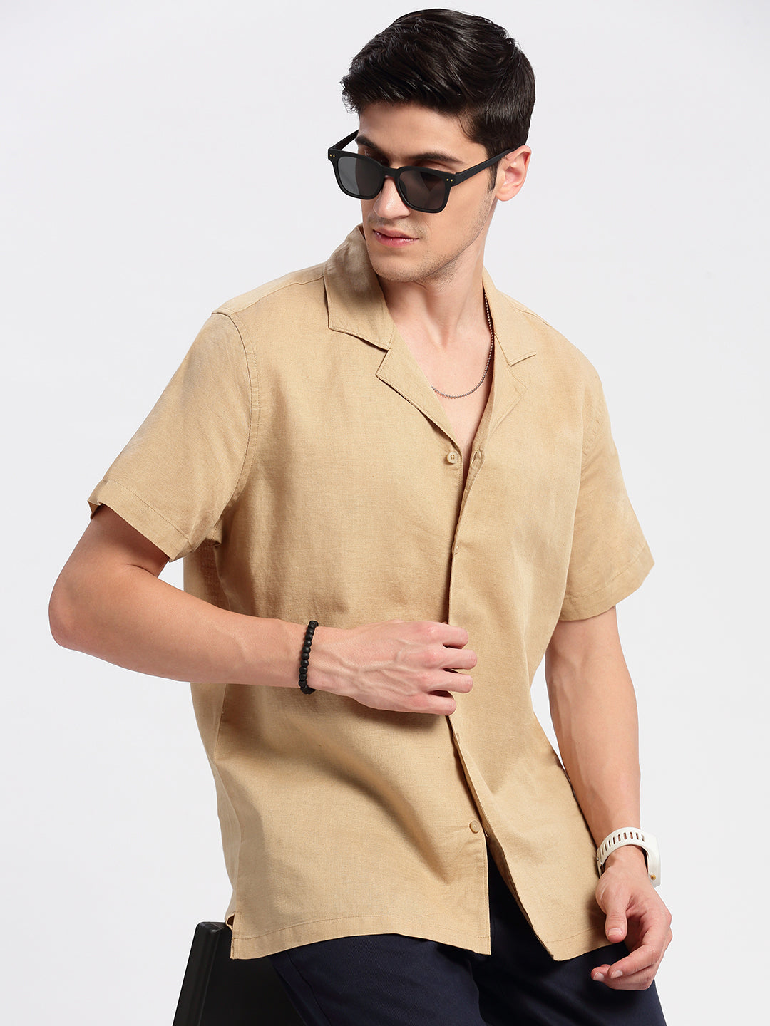 Men's Cuban Collar Solid Beige Casual Cotton Shirt