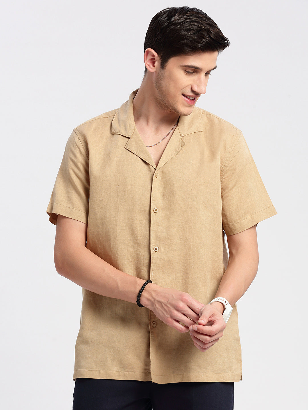 Men's Cuban Collar Solid Beige Casual Cotton Shirt