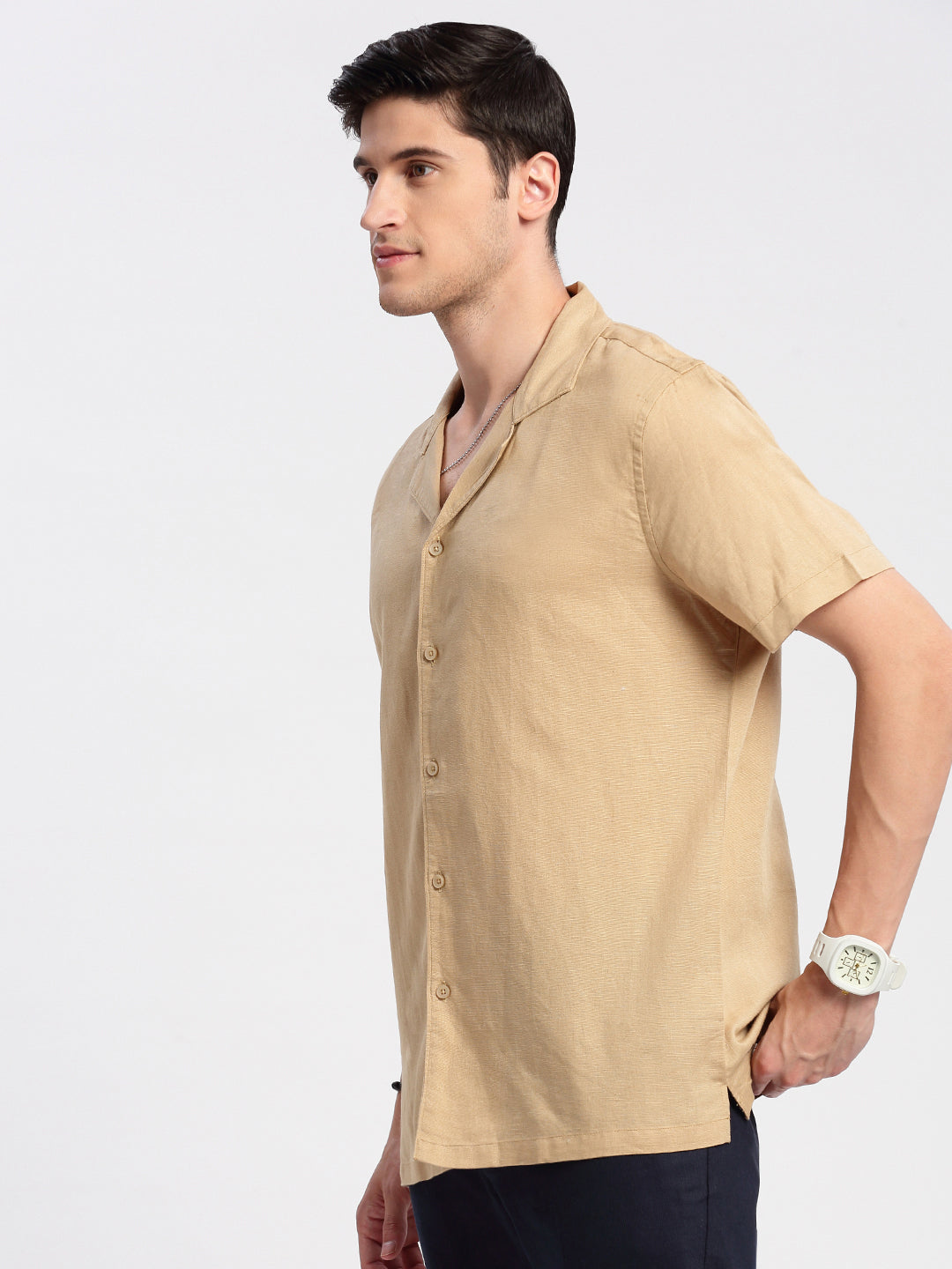 Men's Cuban Collar Solid Beige Casual Cotton Shirt