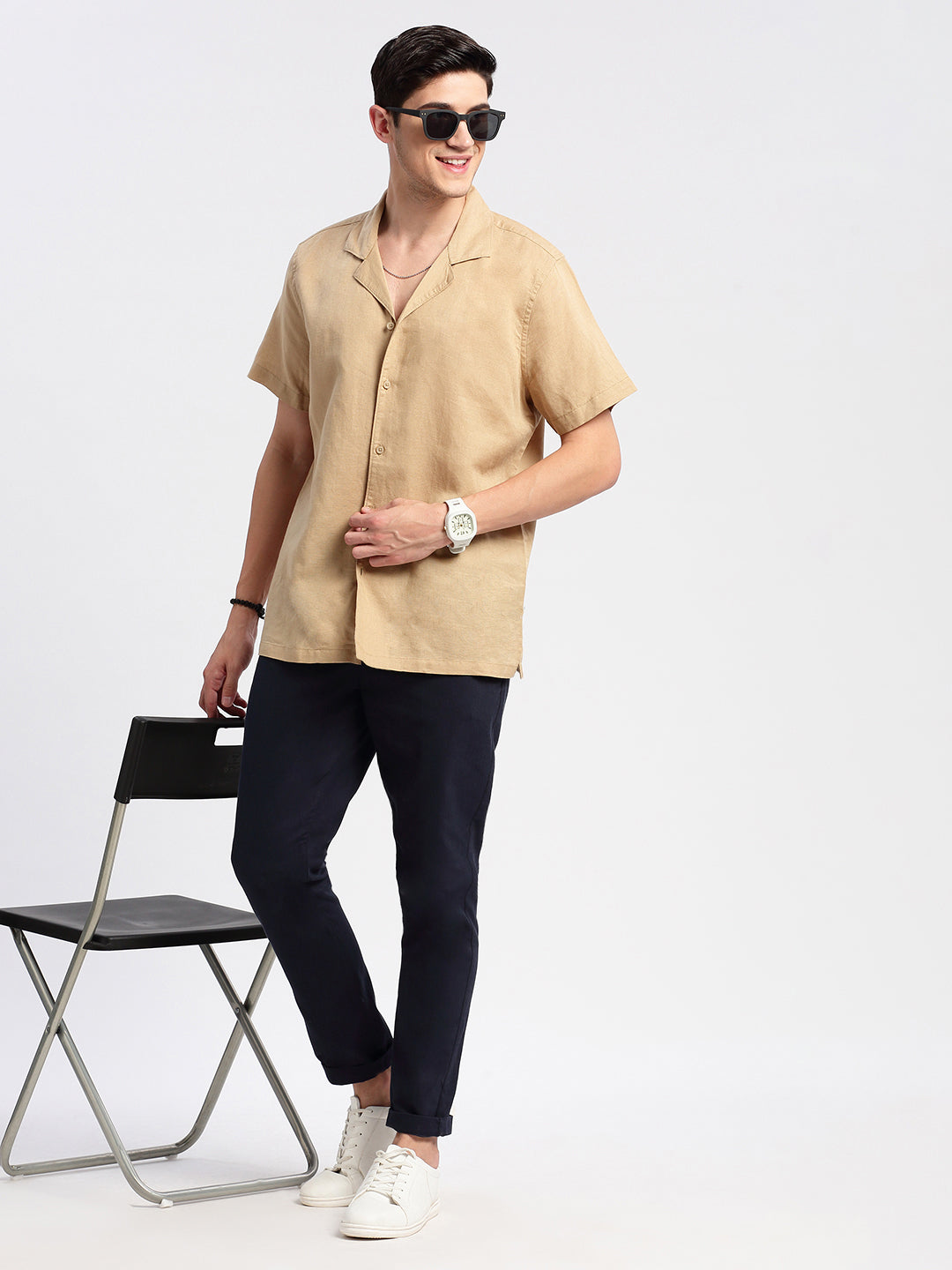 Men's Cuban Collar Solid Beige Casual Cotton Shirt