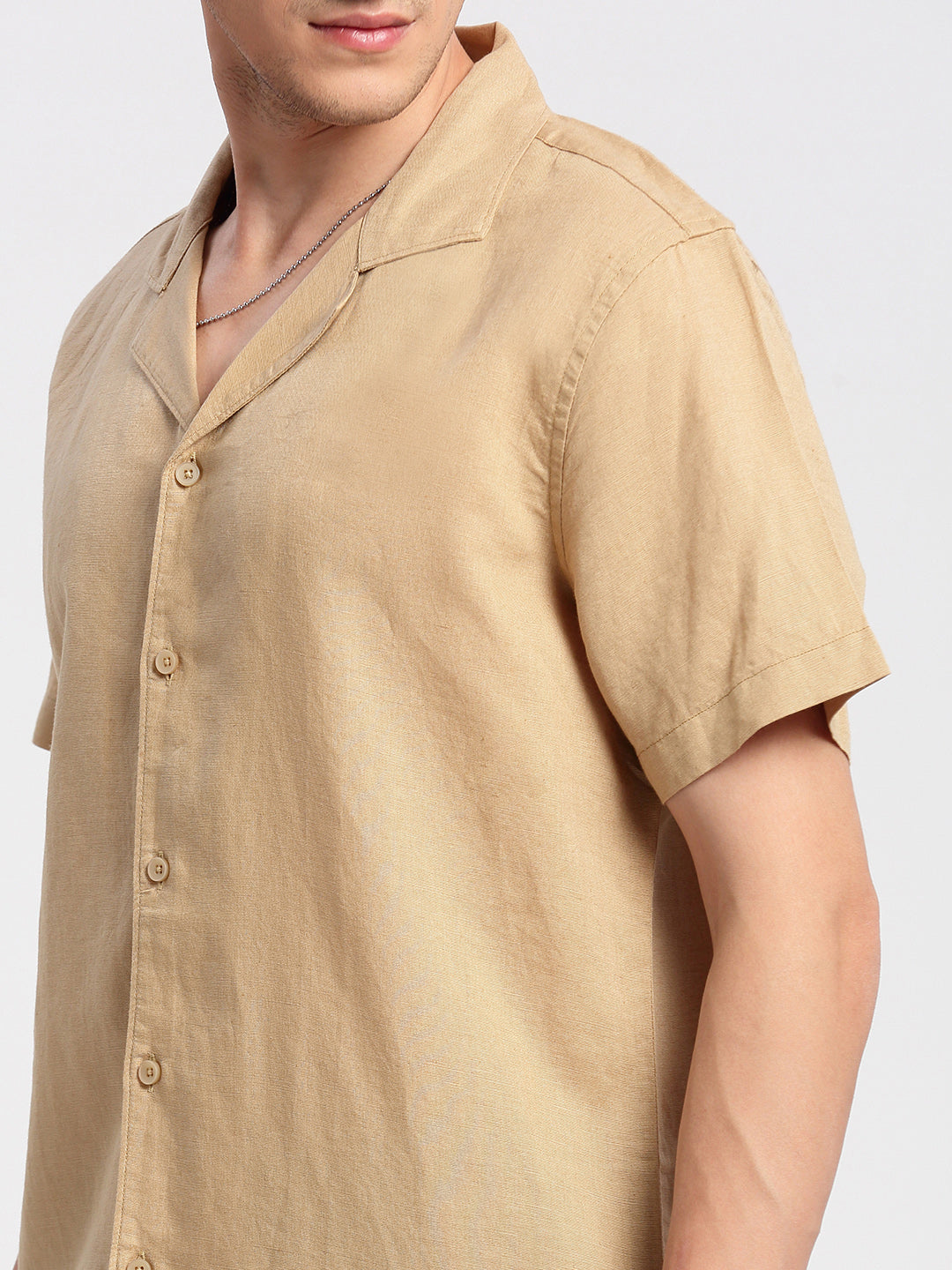Men's Cuban Collar Solid Beige Casual Cotton Shirt