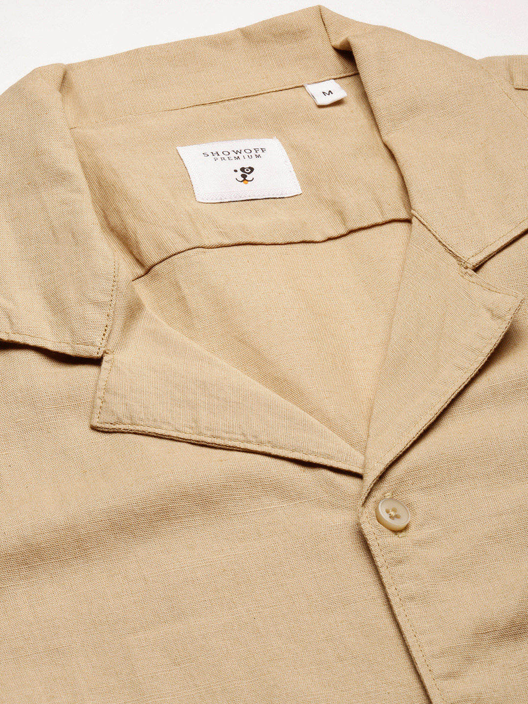 Men's Cuban Collar Solid Beige Casual Cotton Shirt