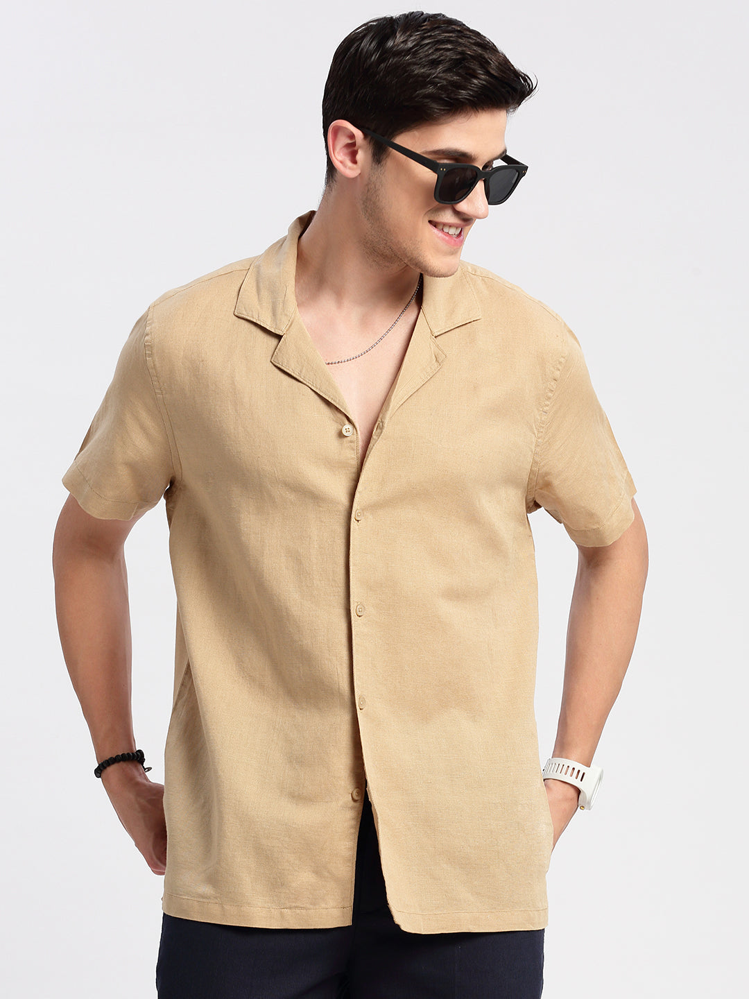 Men's Cuban Collar Solid Beige Casual Cotton Shirt