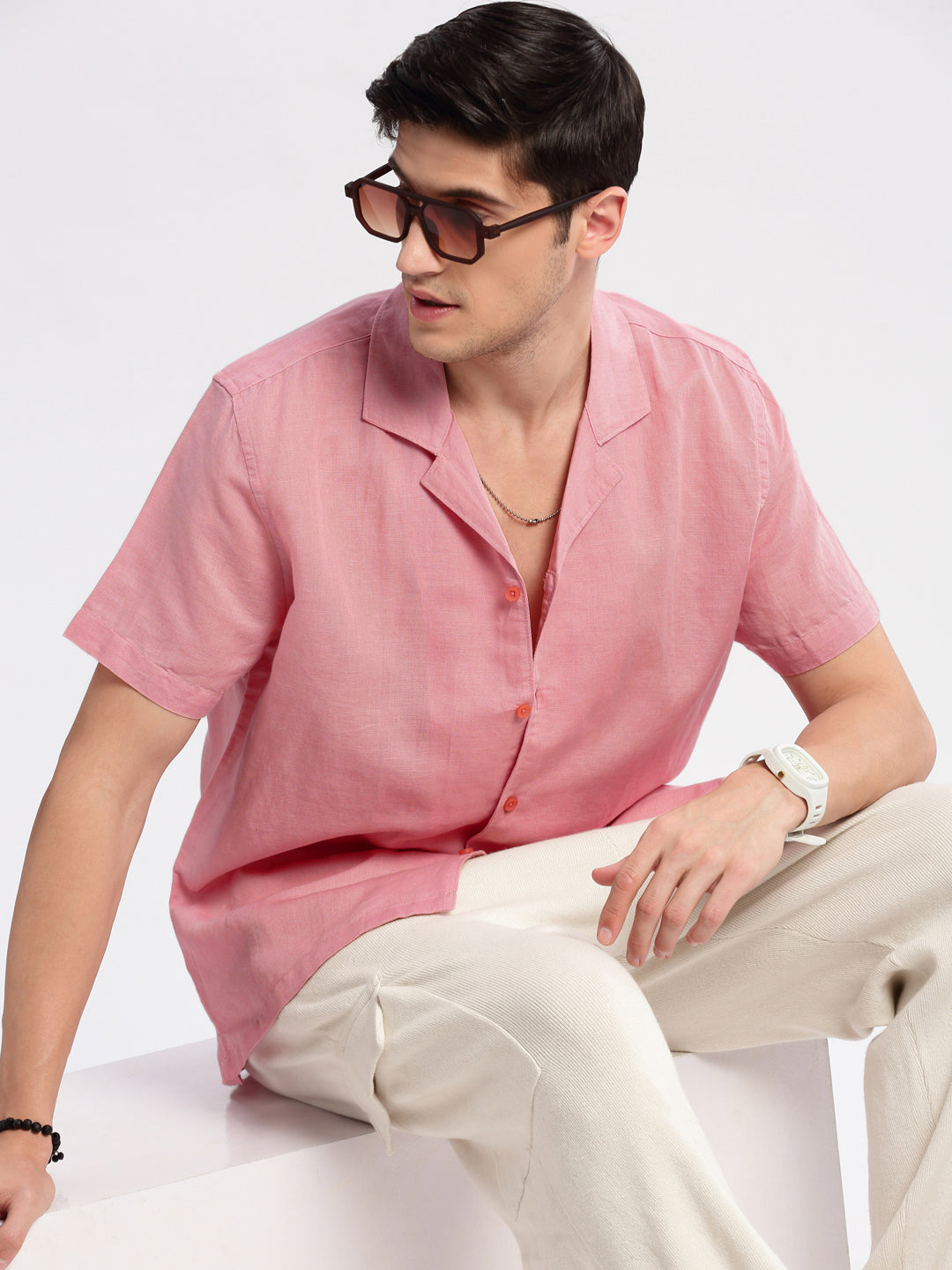 Men's Cuban Collar Solid Pink Cotton Casual Shirt