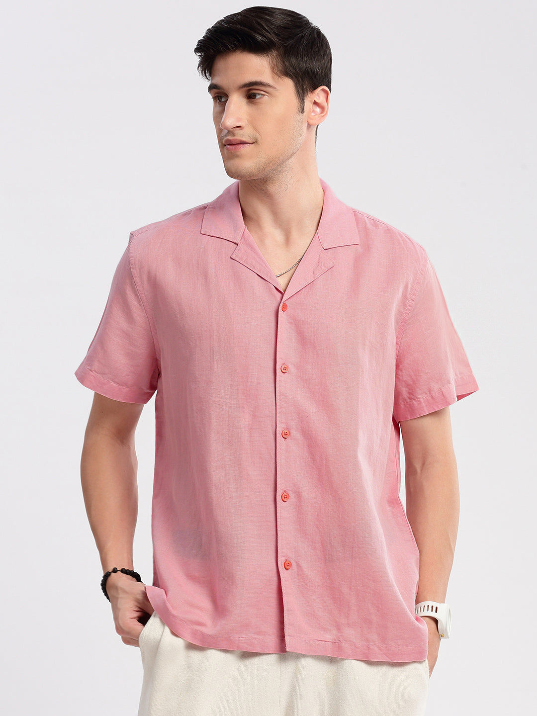 Men's Cuban Collar Solid Pink Cotton Casual Shirt